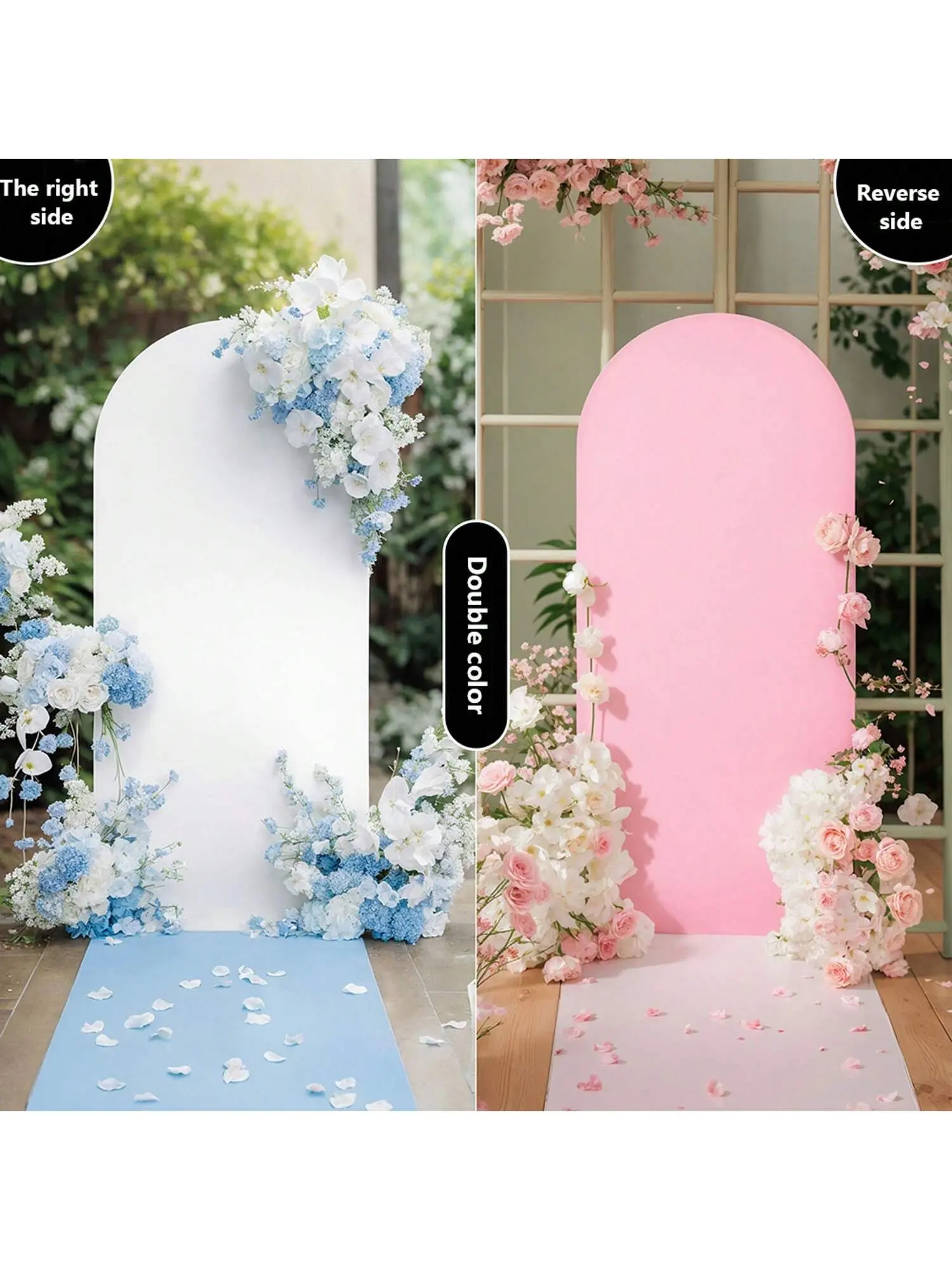 White&Pink 2.6 x 6 ft Dual-Sided Color Round Top Arch Backdrop Cover with Zipper for Wedding Birthday Party Ceremony Banquet Decor Banners Cloth Decoration Hand