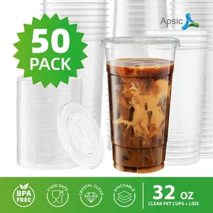 50 Set Clear Plastic Cups, 16/24/32 OZ Disposable Iced Coffee Cups with Flat Lids, Smoothie Cups, PET Crystal Party Cups, Cold Beverages Drinking Cups for Thanksgiving, Halloween, Christmas