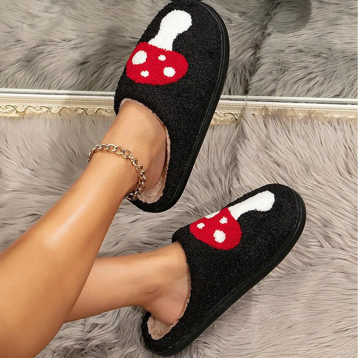 Unisex Cute Cartoon Mushroom Slip-On Slippers, Cozy Plush Upper Slides with Memory Foam, Warm Round Toe House Shoes with High-Quality EVA Sole, Indoor-Casual Use