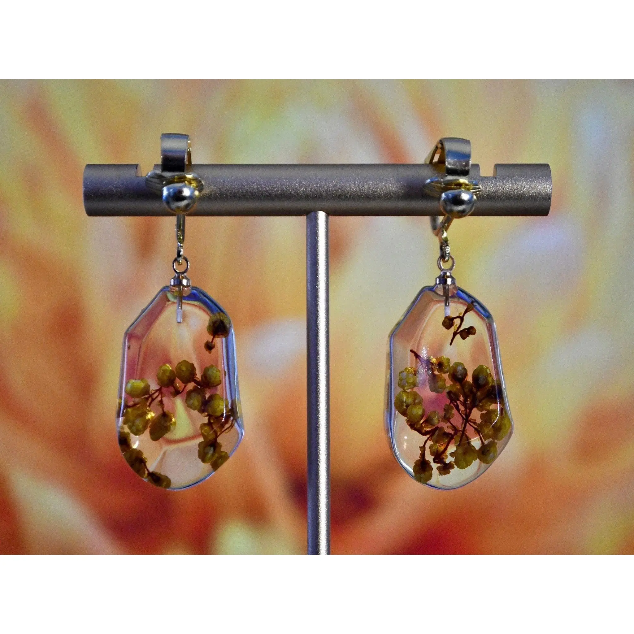 Yellow Clear Resin Flower Clip On Earrings