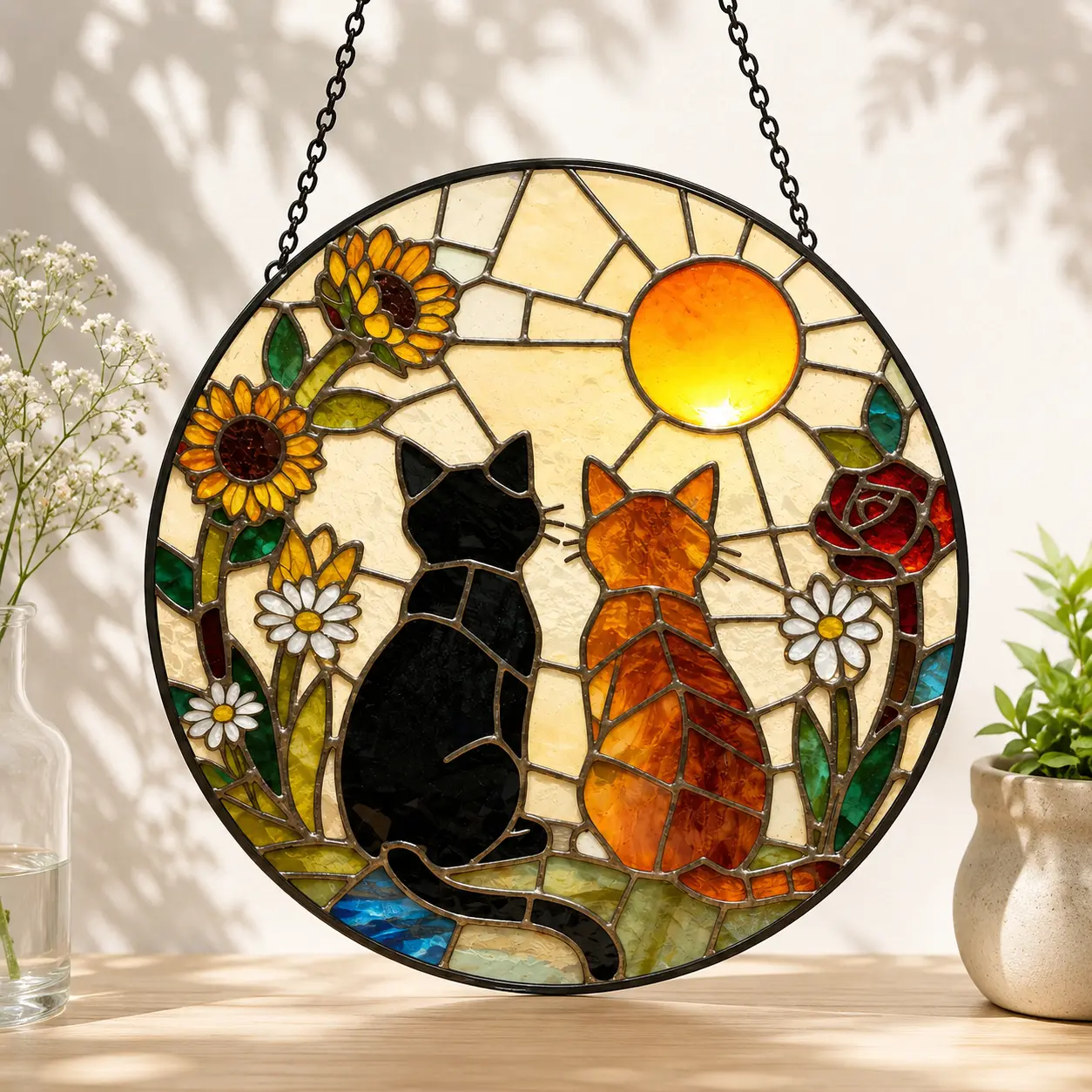 Cat Stained Glass Suncatcher, Black & Orange Cat Window Hanging, Sunflower Cat Suncatcher, Round Glass Window Decor, Cat Lover Gift