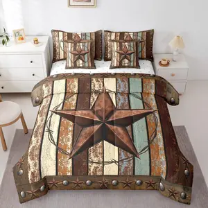 7 Pieces Western Texas Star Kids Comforter Set,Vintage Wooden Plank Bedding Set,Rustic Farmhouse West Cowboy Brown Retro（Comforter+Fitted+Flat Sheet+2 Pillowcases+2 Throw Pillow Covers）
