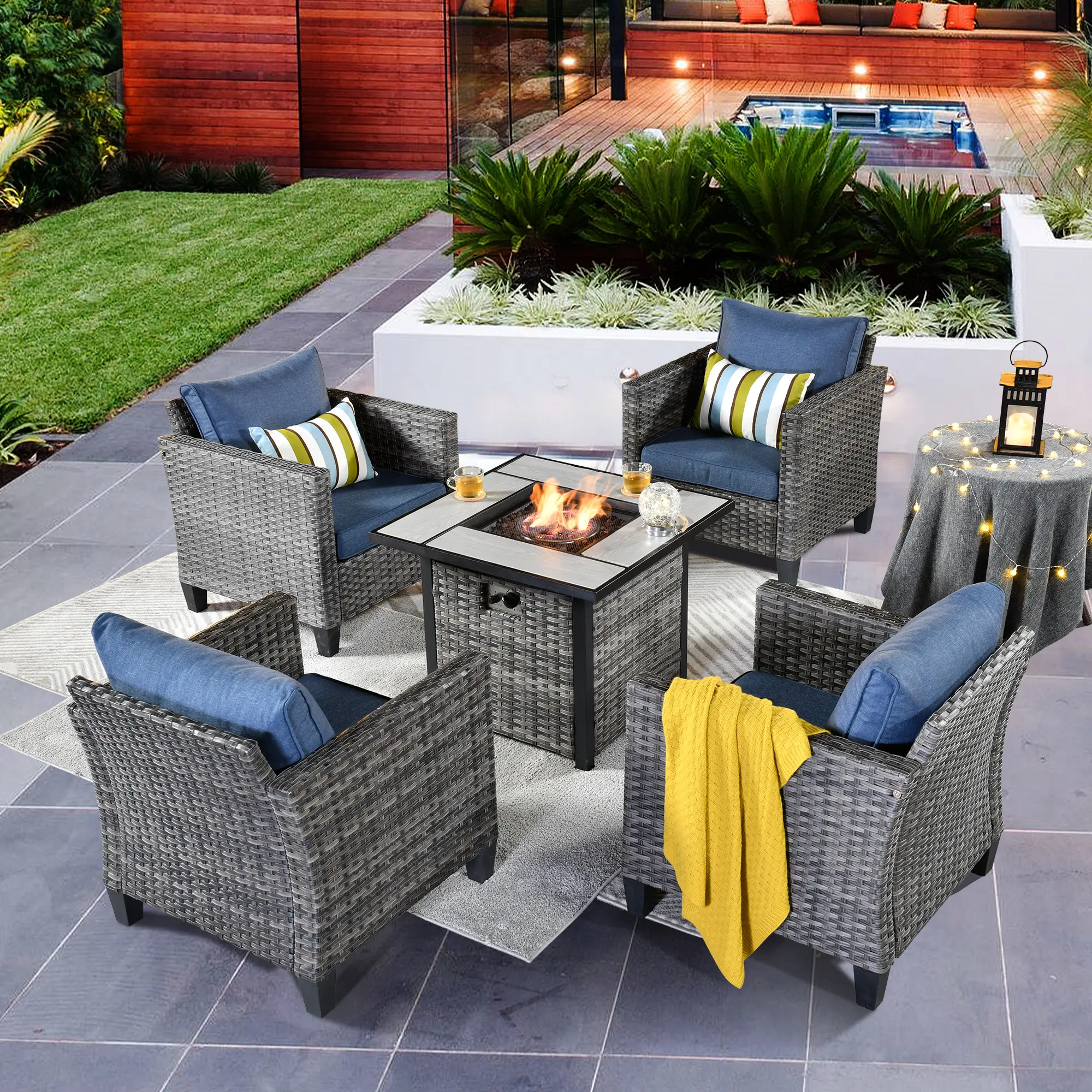 【Summerfinds】Ovios Vultros 5-Piece Outdoor Patio Conversation Set with 30” Propane Fire Pit Table & Swivel Chairs, All-Weather Wicker Furniture for Backyard Patio Deck