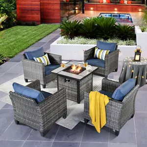 【Summer Vibes】Ovios Vultros 5-Piece Outdoor Patio Conversation Set with 30” Propane Fire Pit Table & Swivel Chairs, All-Weather Wicker Furniture for Backyard Patio Deck