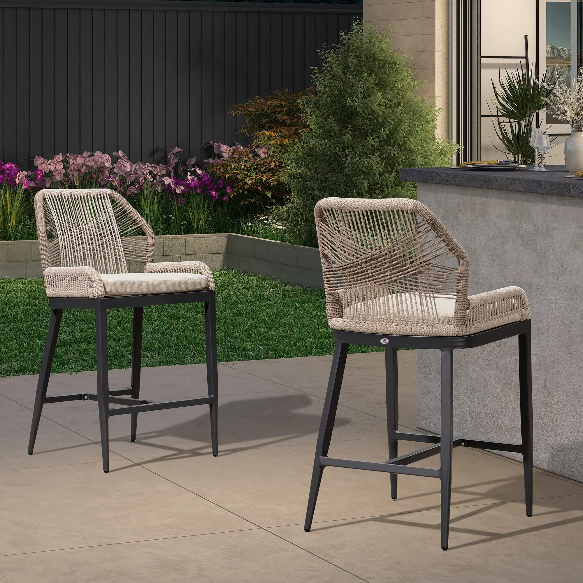 PURPLE LEAF Rattan Bar Stools Set of 2, Modern Counter Stools & Bar Stools with Cushions, Outdoor Bar Stools