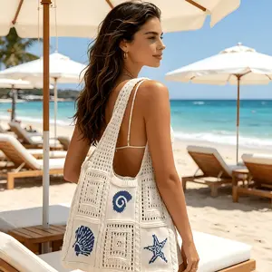 Summer Beach Knit Tote Bag, Hollow Out Crochet Shoulder Bag with Ocean Element Design, Women's Casual Large Capacity Handbag for Travel and Daily Use
