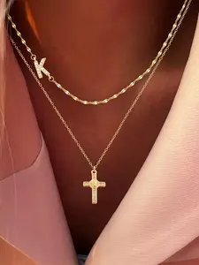 Women's Cross Initial Necklace Set, Stainless Steel Lip Chain, Multi-Layer Casual Style Jewelry for All Seasons, Initial Letter Necklace