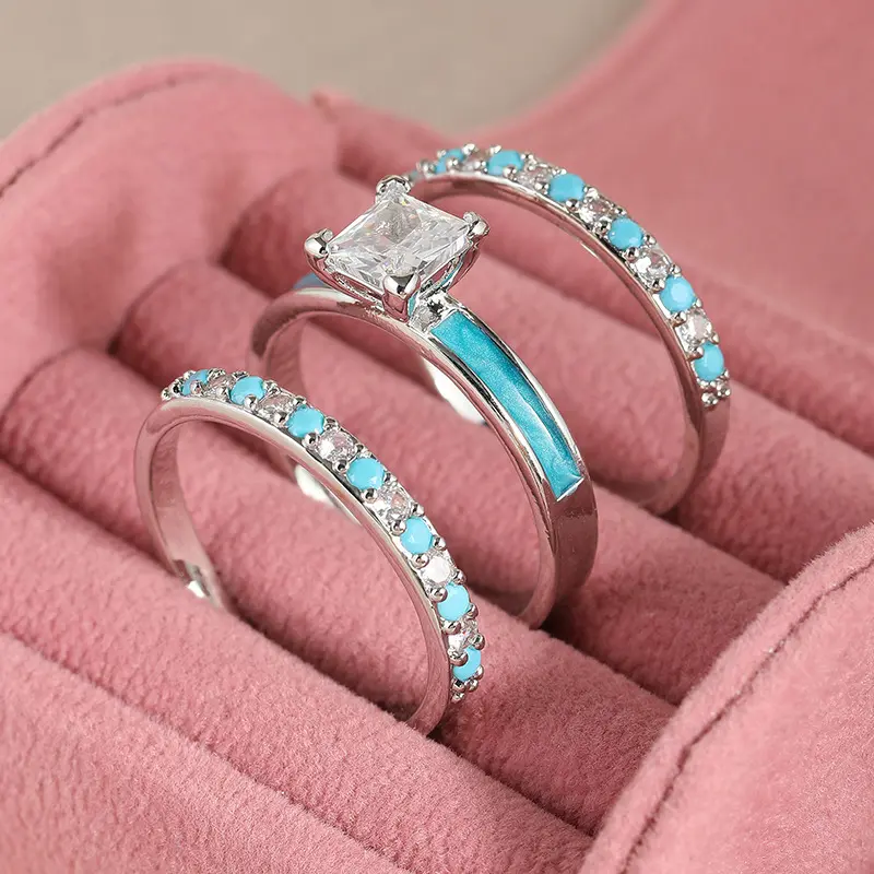 Women’s 3pcs Boho Dainty Stacking Rings Set - Simple Geometric Print Round Band, Blue Turquoise Fashionable Jewelry Rings, Costume Jewelry Engagement Accessory, Boho Style Rings