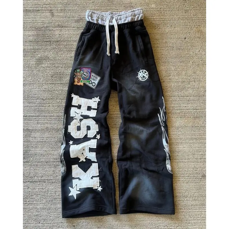 American Sweatpants Pants Men Gothic Hip Hop Letter Patch Retro Double Layer Design Baggy Elastic Waist Jogging Casual Pants