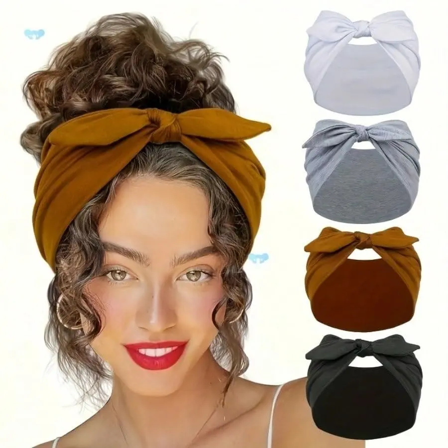 4-piece set of women's wide bow headband, bohemian style headband, women's anti slip elastic headband, fitness yoga soft headscarf headband hair accessory, comfortable to wear, perfect for daily and vacation styling