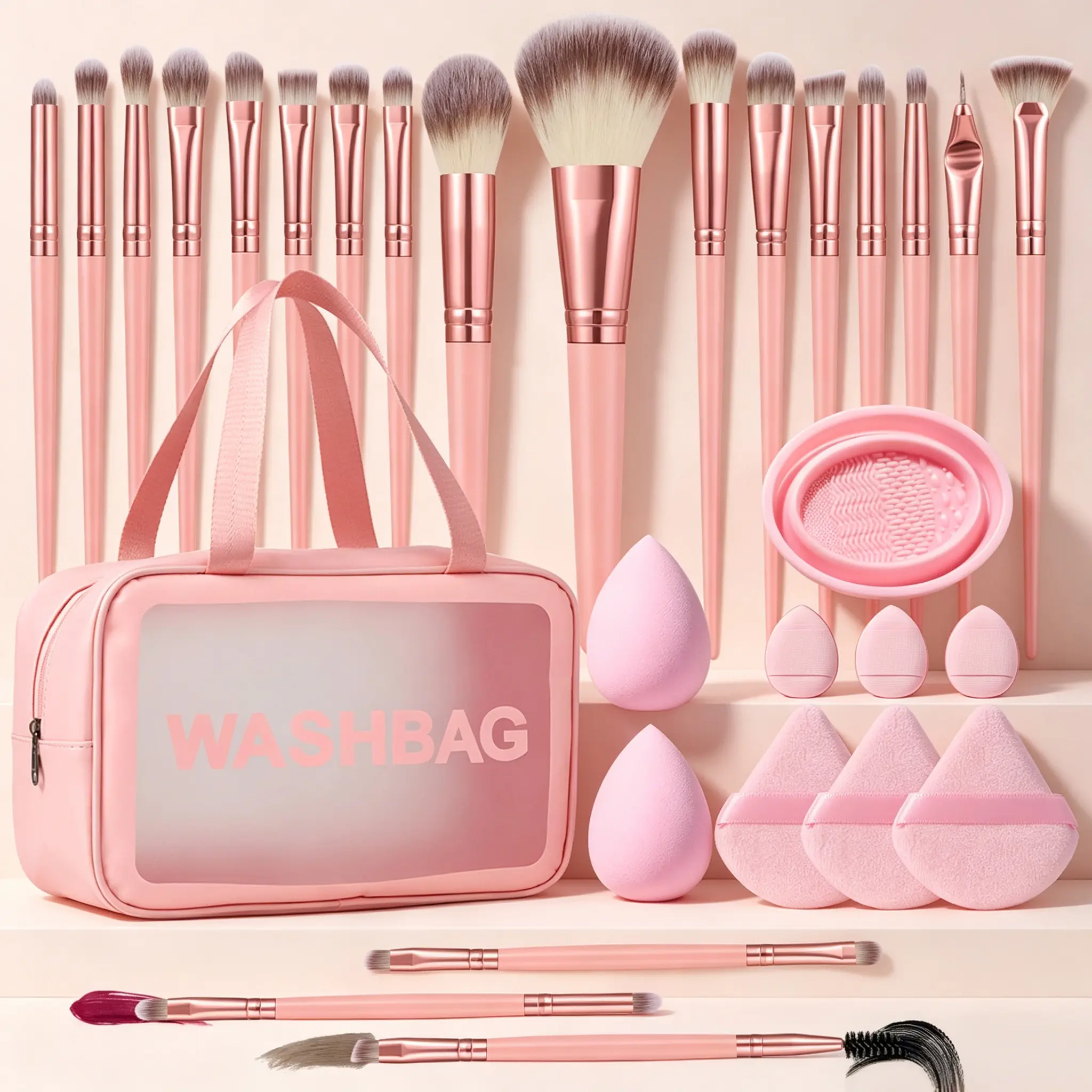 All-in-One Compact Makeup Tool Set, Makeup Brush set with Waterproof Storage Bag, Beauty Sponges, Triangle & Mini Cushion Powder Puffs, Silicone Brush Cleaning Pad, Perfect for Daily Face Makeup & Travel