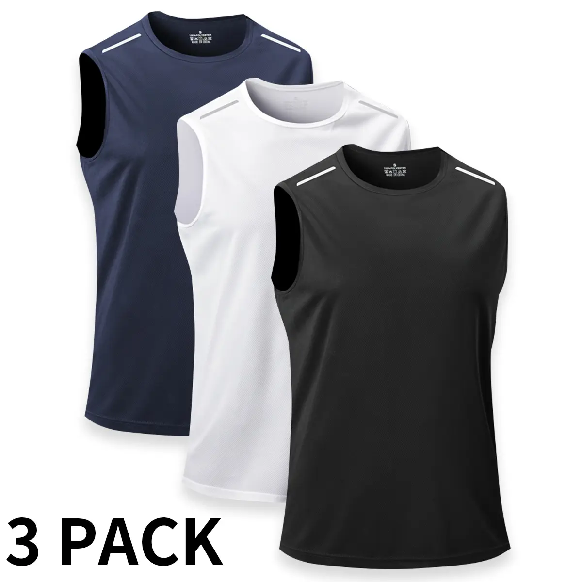 VV Selection Men's 3-Pack Classic Crew Short Vest, Lightweight Breathable Moisture-Wick Solid Color Male Tank, Quick Dry Sleeveless Athletic Shirt for Summer Gym & HIIT Training (Black + Dark Blue + Light Gray)