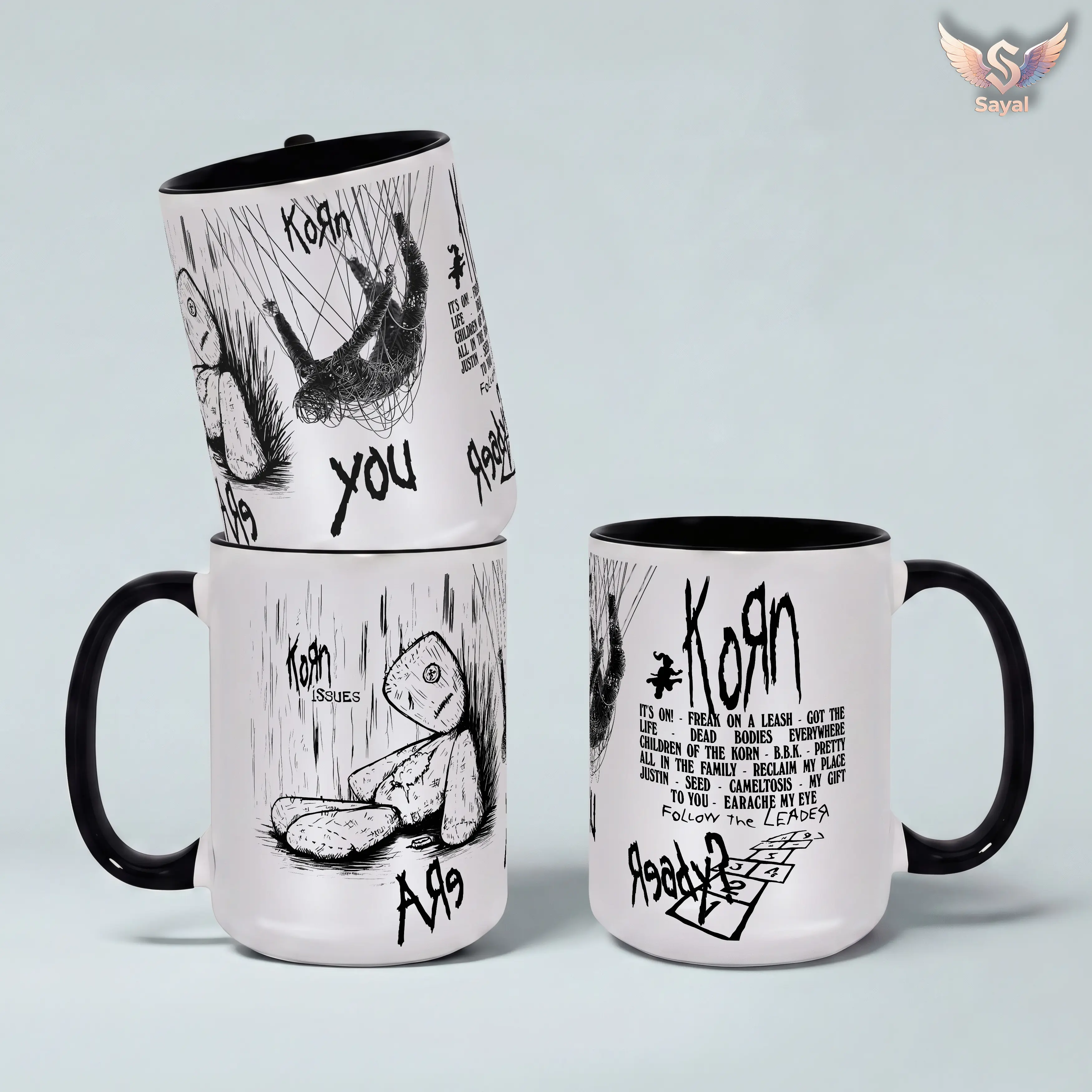 Korn Follow The Leader Classic Glossy Ceramic Cup - 11oz/15oz Black Handle White Sketch Art Nu Metal Band Merch Deer Drinkware for Music Fans, Printed