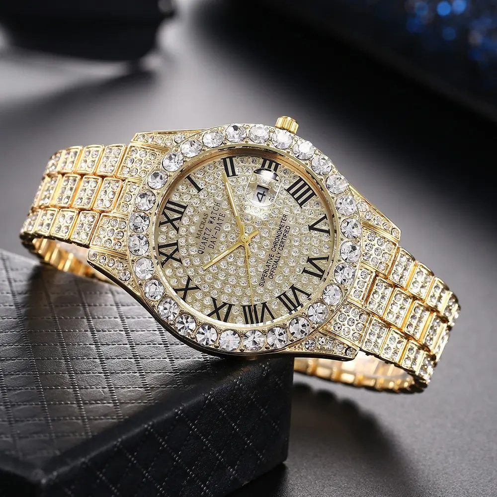 Men's Crystal Bezel Watch, Roman Numeral Dial with Date, Full Diamond-like Pavé Face, Stainless Steel Quartz Dress Watch