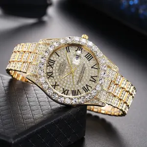 Men's Crystal Bezel Watch, Roman Numeral Dial with Date, Full Diamond-like Pavé Face, Stainless Steel Quartz Dress Watch