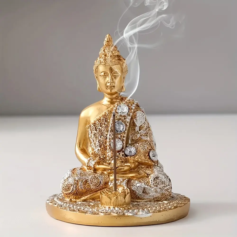 1-piece set, inlaid with diamonds, Buddha figurine incense burner decorative item, suitable for tea room, meditation room, tabletop decoration, golden Buddha resin craftsmanship, incense stick, fragrance diffuser, Aromatherapy Home Fragrances