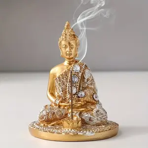 1-piece set, inlaid with diamonds, Buddha figurine incense burner, suitable for tea, yoga, meditation rooms, tabletop decoration, golden Buddha resin craftsmanship, incense stick, fragrance diffuser, sculpture decor, Air fragrance diffuser