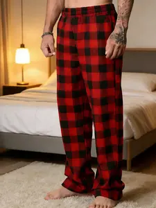 Cozy Soft Red Black Plaid Checkered Flannel Lounge Pants for Men - Elastic Waist Sleep Bottoms, Casual Nightwear | TikTok Viral PajamaTok Finds