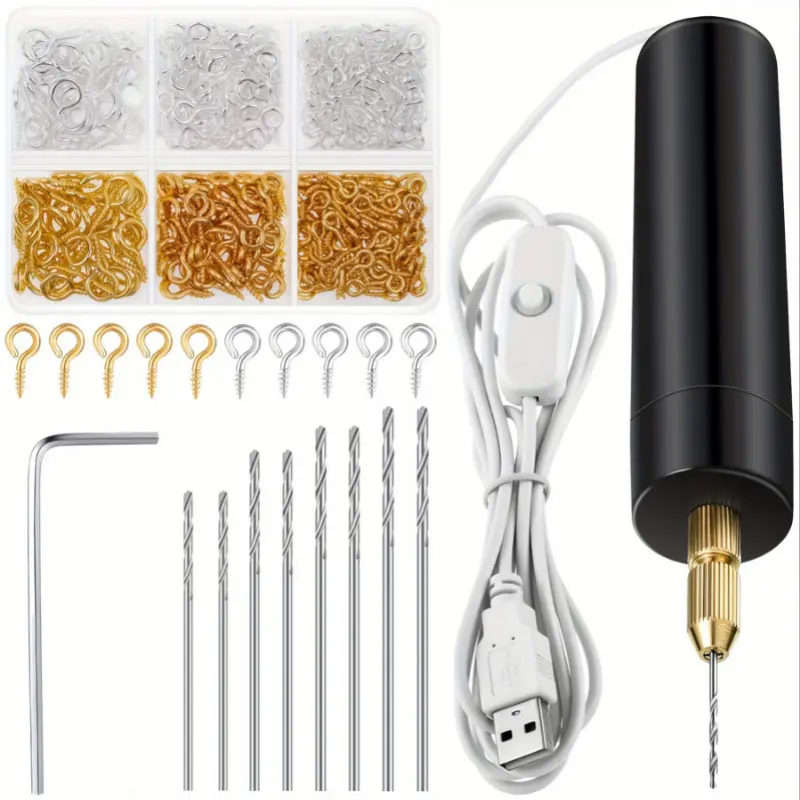 Mini Drill Set, Electric Metal Hand Drill with 36V Power for DIY Resin Crafting, Includes 400 Gold & Silver Eye Pins, Tool Kit, Jewelry Making, Eye Pins Kit, Dk166045, Diy Crafters, Alloy Plastic, Handheld Grip, Drill Bits