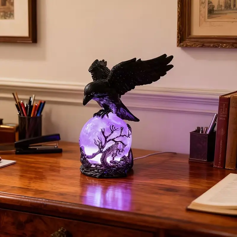 Glowing Raven Statue Gothic Lamp, Led Night Light, Atmosphere Light, Decorative Atmosphere Light, Led Decoration, Decorative Lights, Perfect for Christmas and Year-Round Decor, Unique Gift for Gothic Collectors, Book Lovers, Halloween Enthusiasts