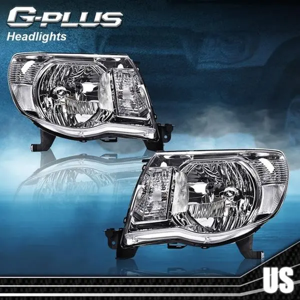 G-PLUS Car Headlights Pair Set (Left+Right) - Vehicle Specific Fit for 2005-2011 Toyota Tacoma, Clear/Chrome Finish, UV Coating, DOT/SAE-Compliant, Manufactured in ISO 9001:2000, QS9000 Facility Direct Swap Exterior Upgrade Headlamps