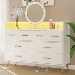 White Dresser for Bedroom with LED Light & Charging Station, 8 Drawers Wooden Dressers with Open Space, Modern Chest of Wide Drawers for Living Room, Entryway, Hallway