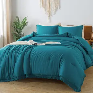 Turquoise Comforter Set Queen, 3 Boho Teal Tassel Lightweight Comforter Sets, Teal Blue Fluffy Fringe Set (90x90In Comforter  2 Pillowcases)