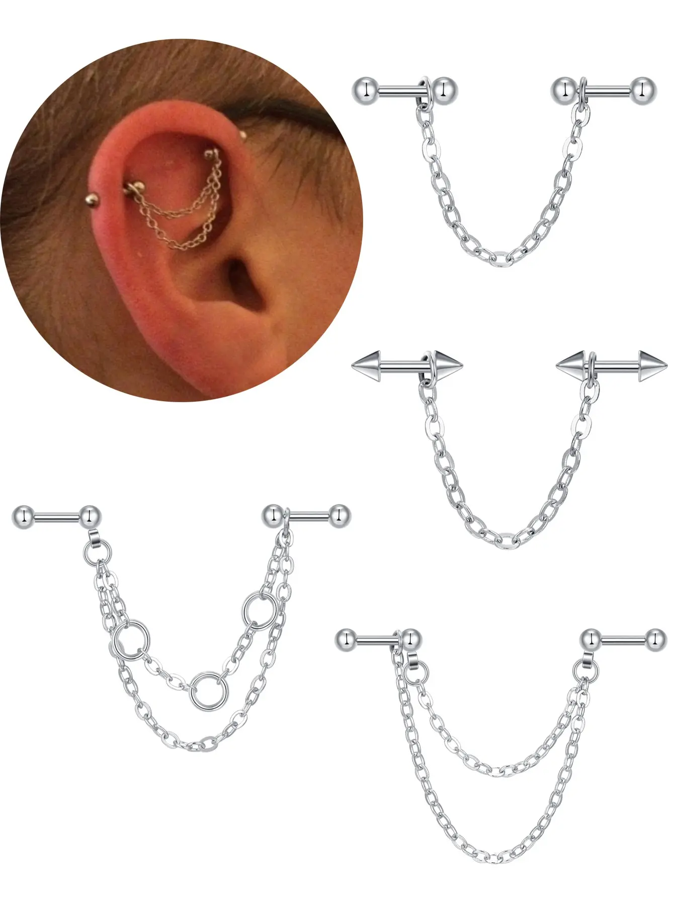 4Pcs Chain Connected Cartilage Helix Earrings for Women 16G Double Connected Straight Barbell Helix Studs Hypoallergenic Ear Piercing Jewelry