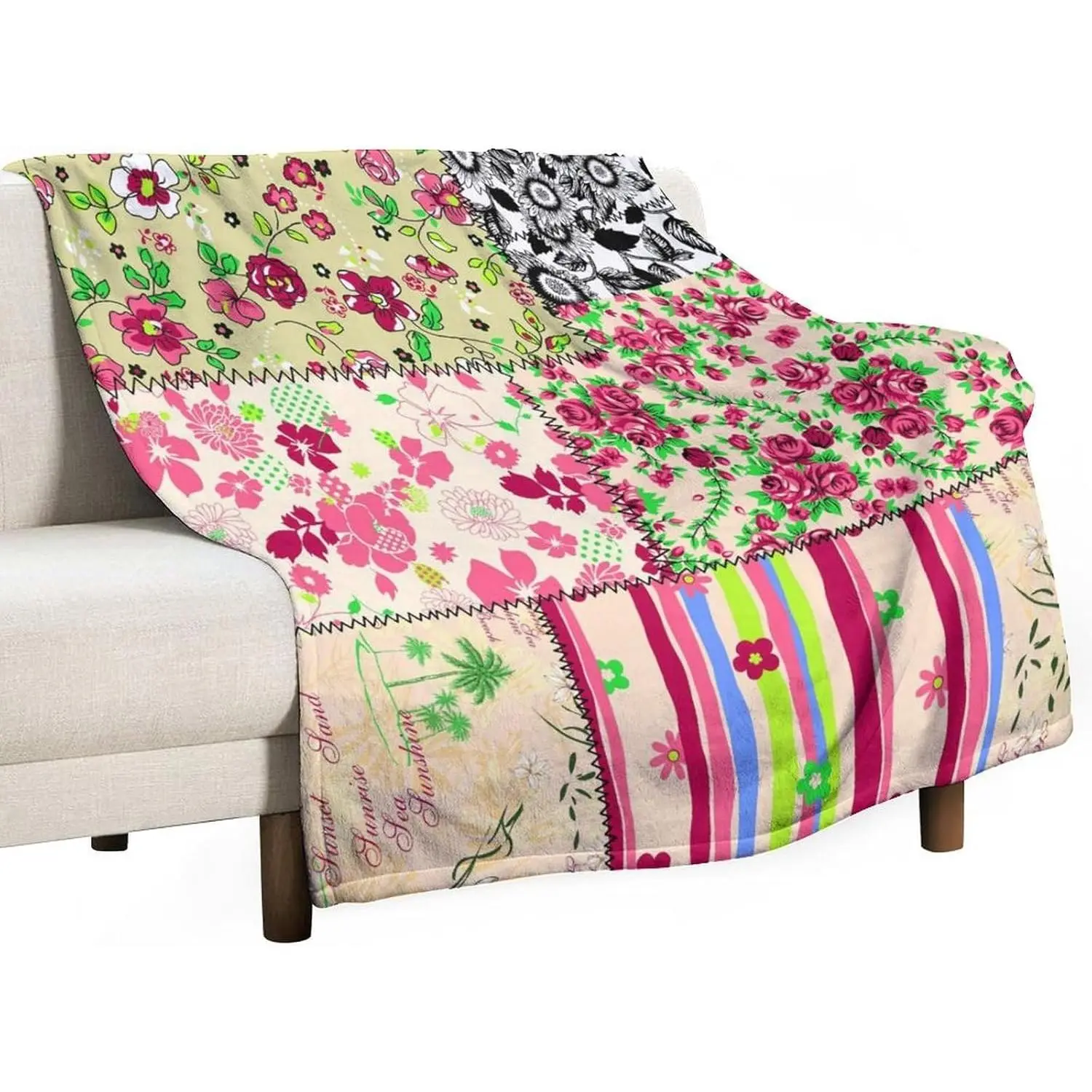Patchwork Floral Throw Blanket - Retro Boho Chunky Colorful Flower Botanical Art Print Flannel Plush Double-Sided Blanket for Camping, Office Chair (40x50 in), Flower Blankets, Boho Blankets