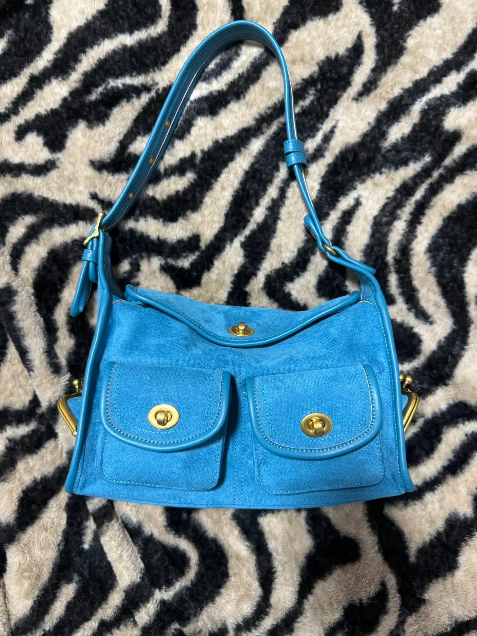 Vintage Blue Faux Suede Double Pocket Shoulder Bag, Y2K Retro Underarm Handbag with Adjustable Strap, Women Casual Daily Shoulder Purse