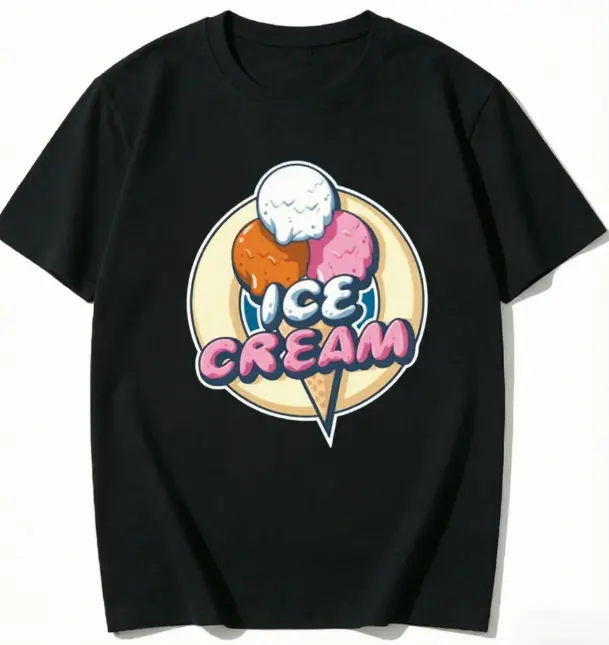 Vintage Cartoon Ice Cream Graphic T‑Shirt, Colorful Triple Scoop Cone Print Crew Neck Short Sleeve Summer Streetwear Tee For Men Women Womenswear