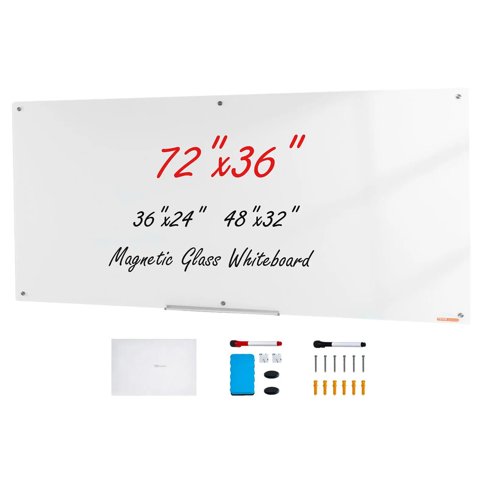 【Summerfinds】VEVOR Magnetic Glass Whiteboard, Dry Erase Board 72"x36", Wall-Mounted Large White Glassboard Frameless, with Marker Tray, an Eraser and 2 Markers, White