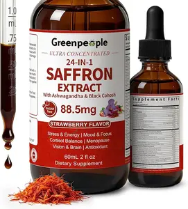 GREENPEOPLE Saffron Extract Drops, 24-in-1 Mood & Focus Support Supplement with Ashwagandha, Black Cohosh & Lion’s Mane, Stress Relief & Cortisol Support, Vegan Strawberry Flavor, 2 FL OZ, 60-Day Supply