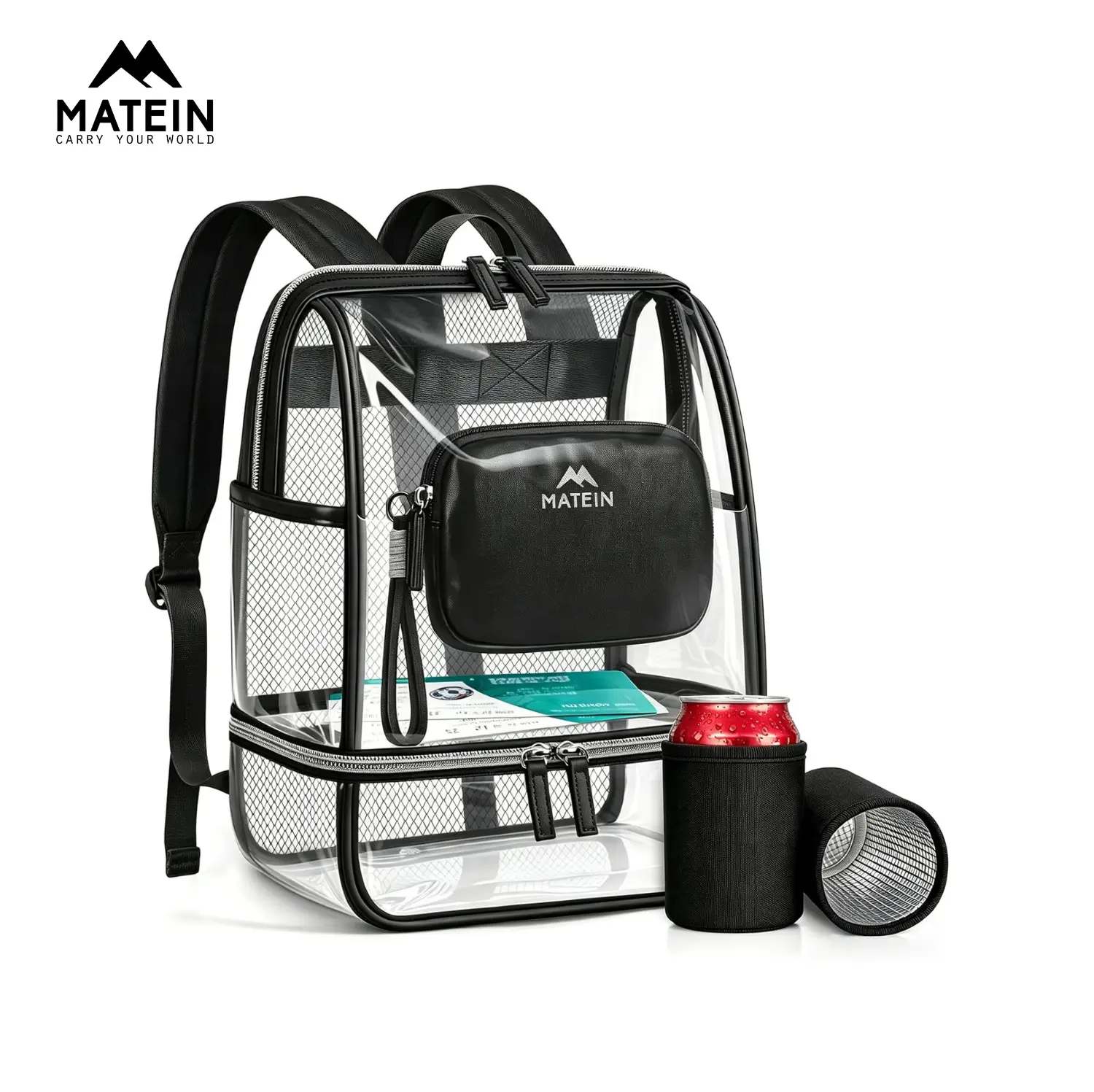 【Back To School】MATEIN Clear Backpack Stadium Approved, Dual-Layer TPU Transparent Backpack with RFID Wristlet Pouch & Insulated Can Sleeves, Heavy-Duty Clear Bag for Game Day, Sports & Festivals