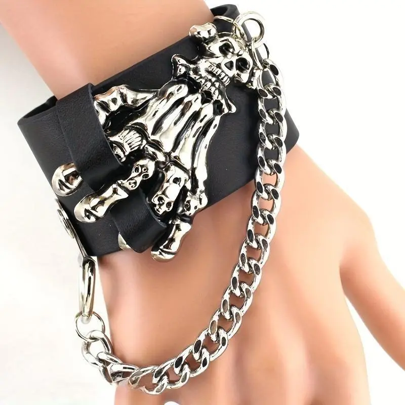 Gothic Style Accessory Set, 2-Piece Unisex PU Leather Wide Strap Black Bracelet and Skull Hand Chain for Punk Streetwear