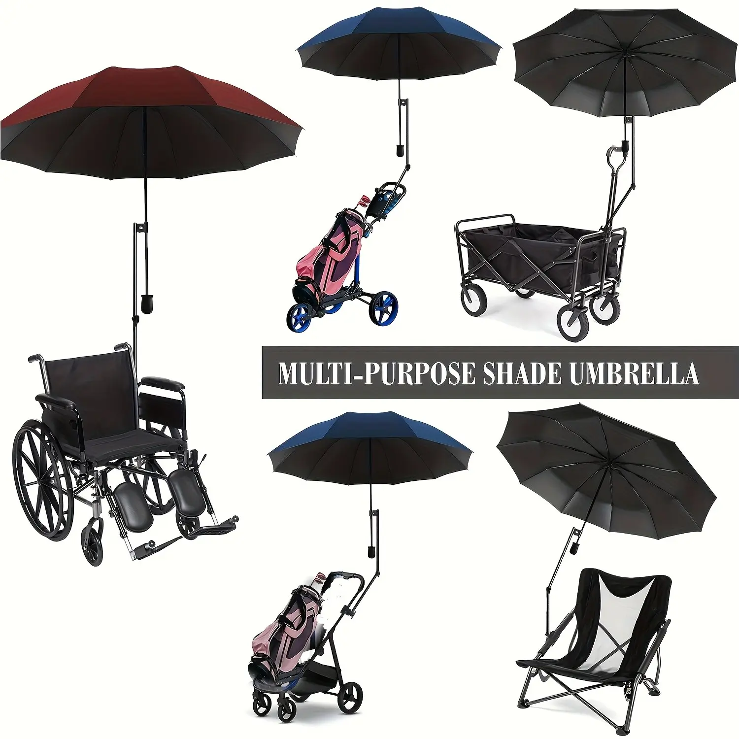 Upf50+ Portable Outdoor Umbrella with Adjustable Universal Clip, Manual Open and Close, Ideal for Beach Chair, Golf Cart, Patio, Deck