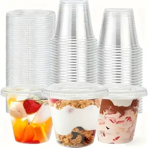 200 Sets Disposable Clear Cold Drink Cups 12oz/360ml with Flat Lids No Hole, Thick Crystal Clear Stackable, for Smoothie Milkshake Juice Iced Coffee, Snack & Plastic Dessert Cups, Christmas New Year Party Corporate Events Picnic