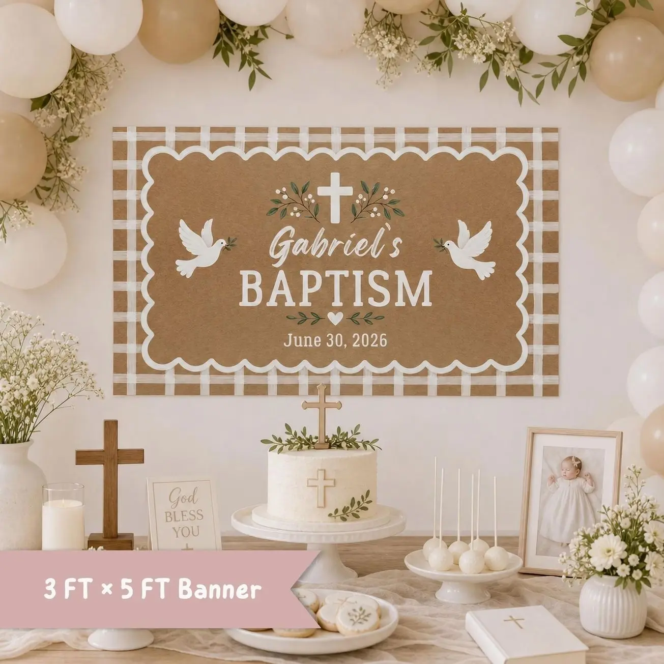 Baptism Banner, First Holy Communion Banner,  God Bless Sign, Christening Party Decor