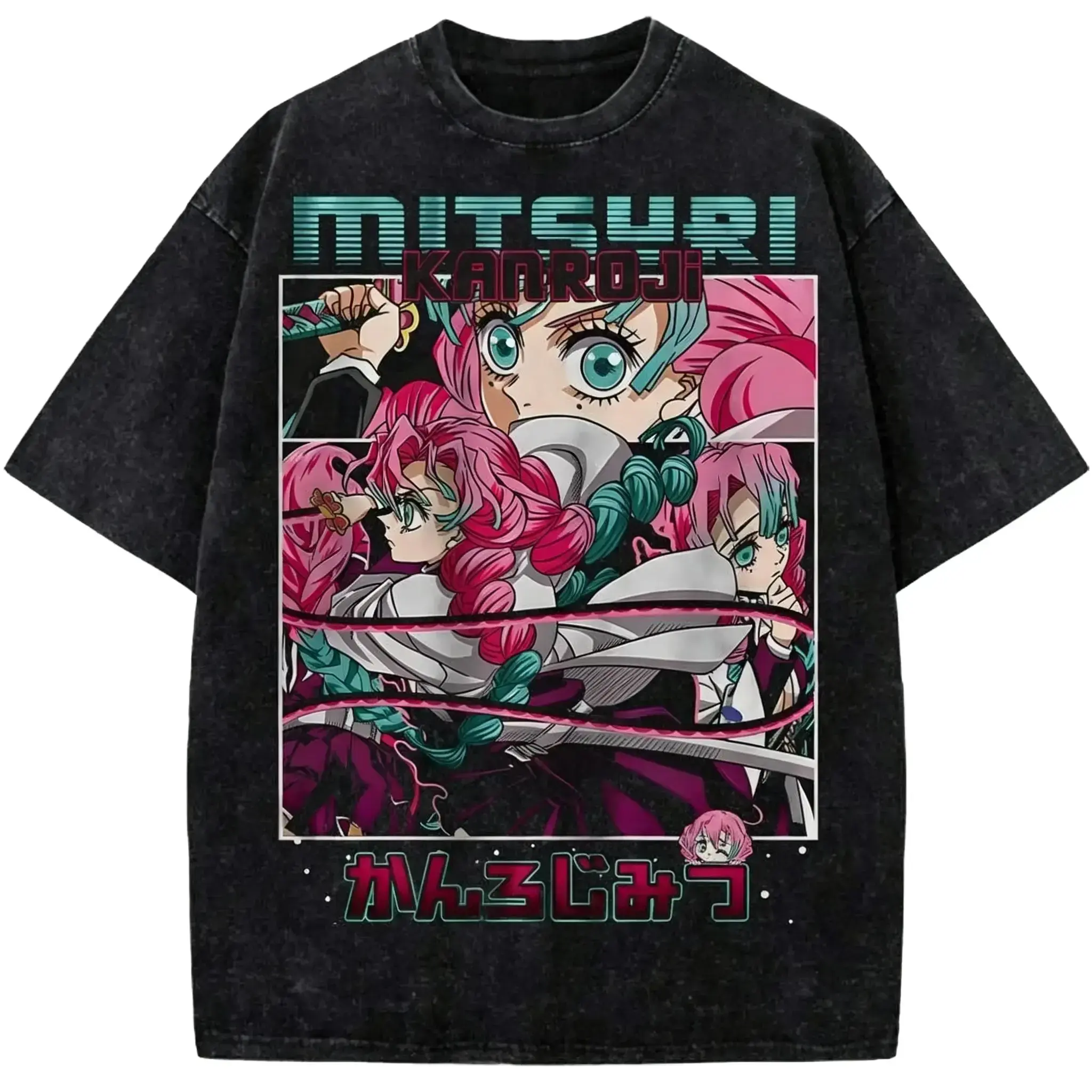 Vintage Acid Washed Heavy Cotton Oversized Crewneck T-Shirt, Demon Slayer Mitsuri Kanroji Love Hashira Manga Collage Graphic Tee, Kawaii Anime Streetwear Top, Unisex Loose Gym Pump Cover Casual Daily Shirt Anime Fan Gift Y2K Alt Grunge Retro Outfit