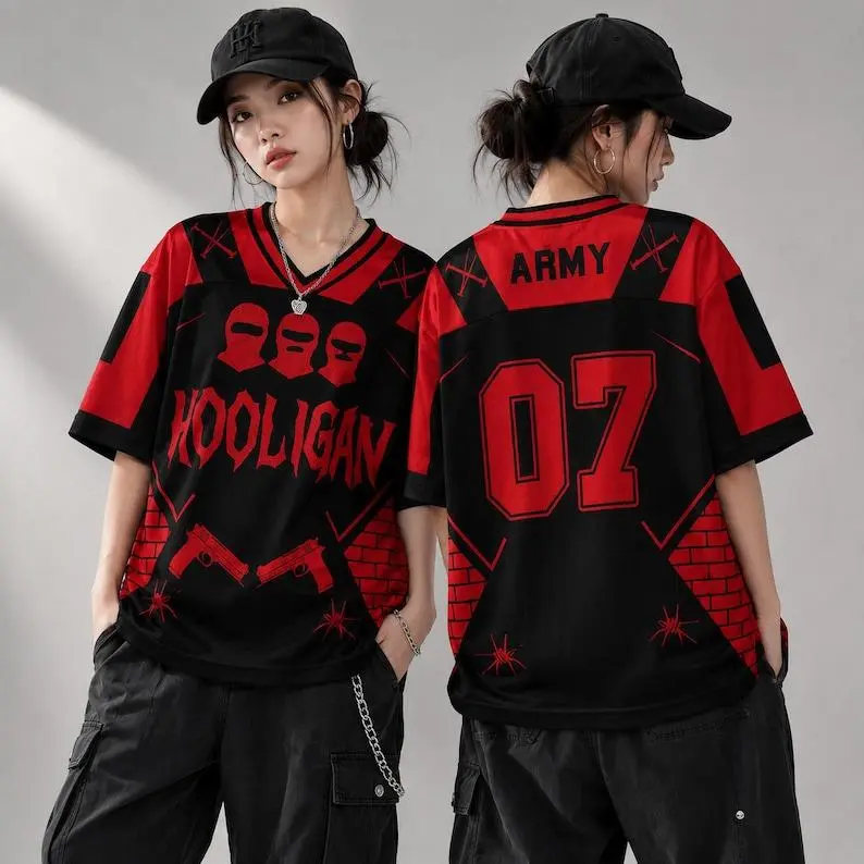 Edgy Grunge Graphic Jersey Shirt - Oversized 07 Retro Concert Outfit