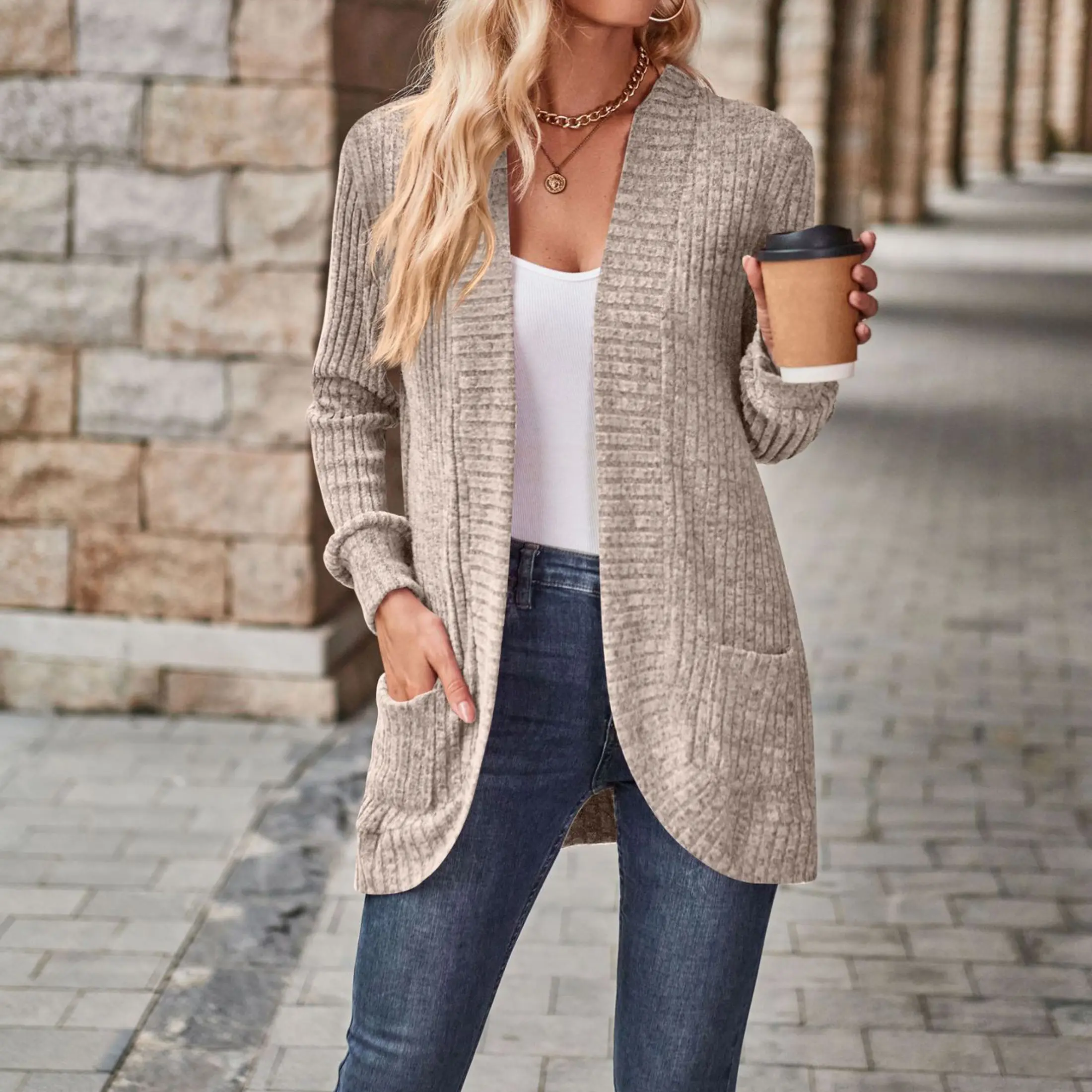 Women's Loose Open Front Long Sleeve Chunky Knit Cable Cardigans Sweater with Pockets