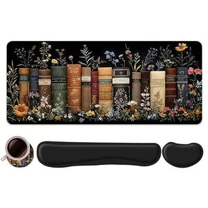 4pcs Vintage Book Spine with Floral Design Mouse Pad + Keyboard Wrist Rest + Coaster Set, Gaming Mouse Pads For Desktop Decoration, Office Accessories Set Ergonomic Wrist Support, Home Office Gaming, Gaming Room Accessories
