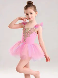 Girls’ Pink Iridescent Mesh Ballet/Dance Performance Dress with Gold Embroidery and Flutter Sleeves
