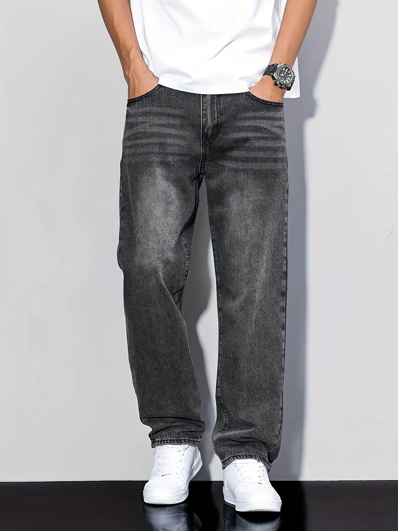 Men's Snowflake Wash Cotton-Polyester-Rayon Blend Jeans - Casual Loose-Fit Plain Glossy Straight Pants for Versatile Seasonal Wear, Menswear Bottoms, Trouser, Fabric, Minimalist, Straight Jeans, All-Season Wear, Regular Length, Dry Clean, Denim, Solid, Wo