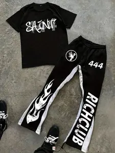 Men's Fire & Angel Print Short Sleeve Tee & Drawstring Waist Bell Bottom Pants Pyjama, Casual Comfy Round Neck T-shirt & Trousers PJ Set, Men's Sleepwear for All Seasons Lounge Wear, Nightwear Loungewear Set Pajamas