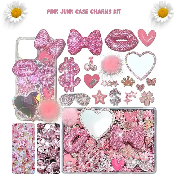 Pink Phone Case Charms Kit with Rhinestone Accessories, DIY Diamond Bow Lips Dollar Sign Decor, Cute Bling Phone Case Decorations, Resin Charm Set with Mirror for Phone Accessories & Crafts