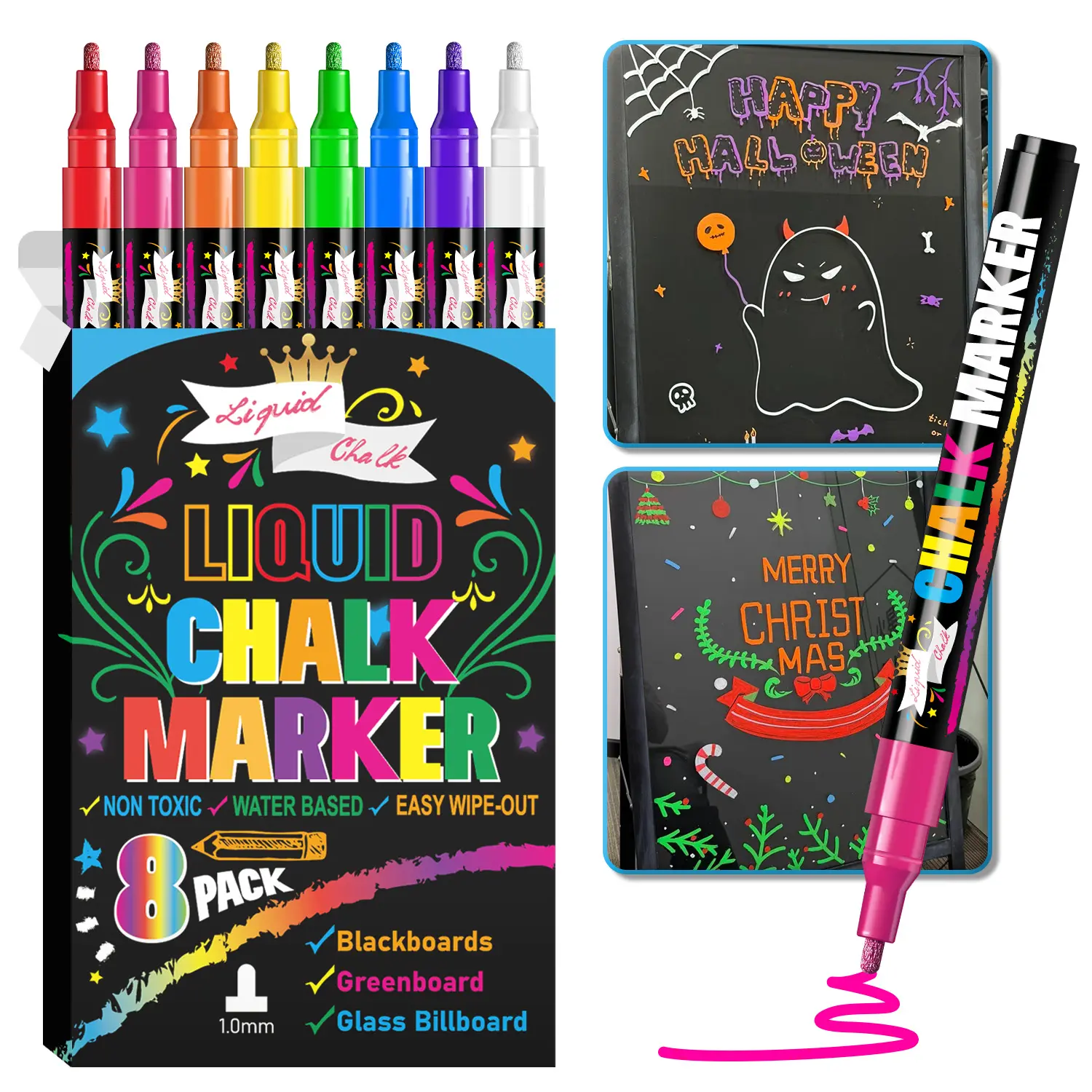Liquid Chalk Marker Pen (8 Counts/set), Washable & Wet Wipe Liquid Chalk Marker, Liquid Chalk Pens, Art Markers Pen, Coloring Supplies, Art Supplies, School Supplies, Classroom Supplies for Blackboard, Whiteboard, Glass Window Graffiti
