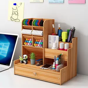 Wooden Desktop Organizer, Stationery Organizer, Desk Storage Rack for Pens, Notes, Remote Controls and Office Supplies