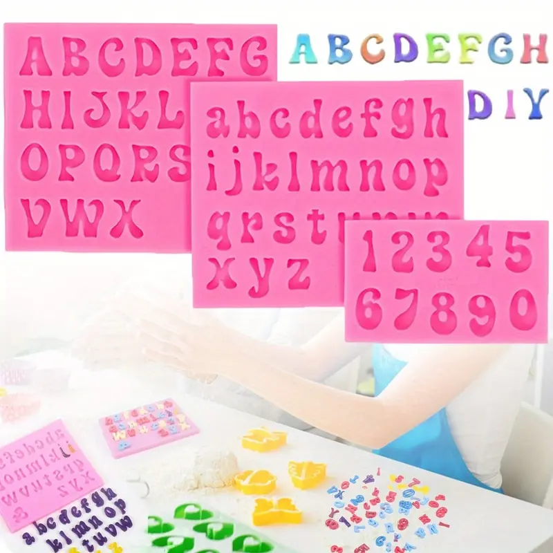 A Set of 4/3 Pcs Letter Molds for Chocolate Covered Strawberries,Silicone Uppercase Lowercase Alphabet Number Fondant Mold for Making Candy,Gummy,Biscuit,Ice Cube Tray,Cake Decor,Christmas Party Gifts,Hand Tools Kits