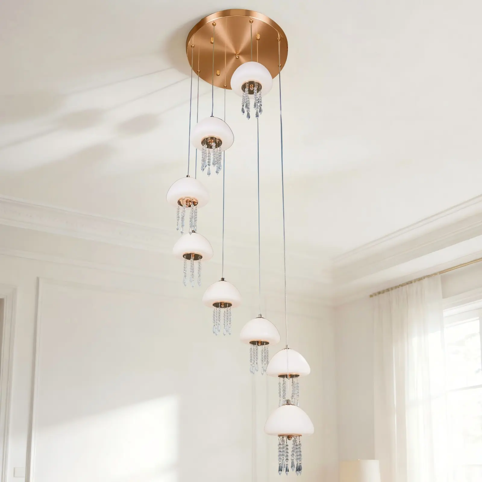 62.99 in Contemporary 8-Light Jellyfish Crystal Pendant, Anti-Rust Gold Wrought Iron Multi-Light Chandelier, 3-Color Dimmable Adjustable Cord High Ceiling Lamp with Bulb Included for Entryways Home Decor (110V)